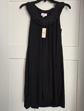 LOFT Black Sleeveless Midi Dress with Ruffled Collar